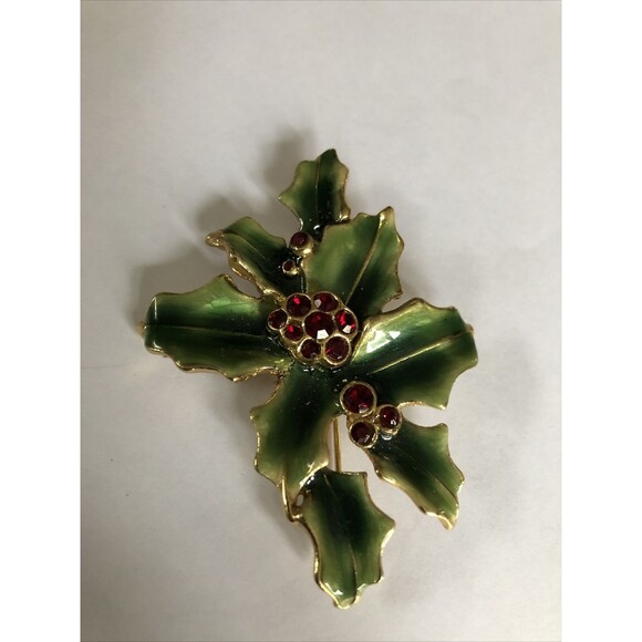 Vintage Rare Christmas Red Green Enamel Poinsettia Flower Gold tone Rhinestones - Picture 2 of 5